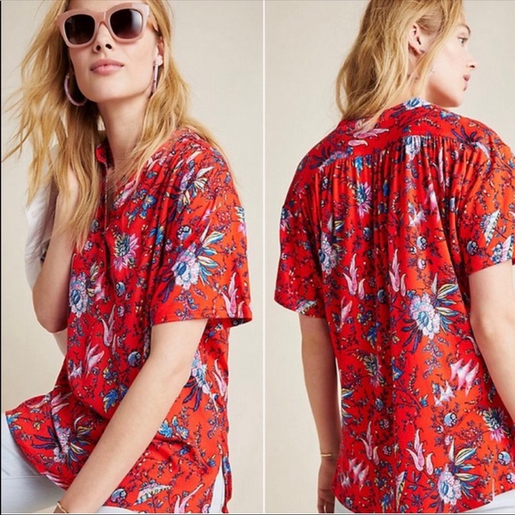 Maeve Tops - Maeve by Anthropologie Floral Short Sleeve Blouse | Red | Size Large